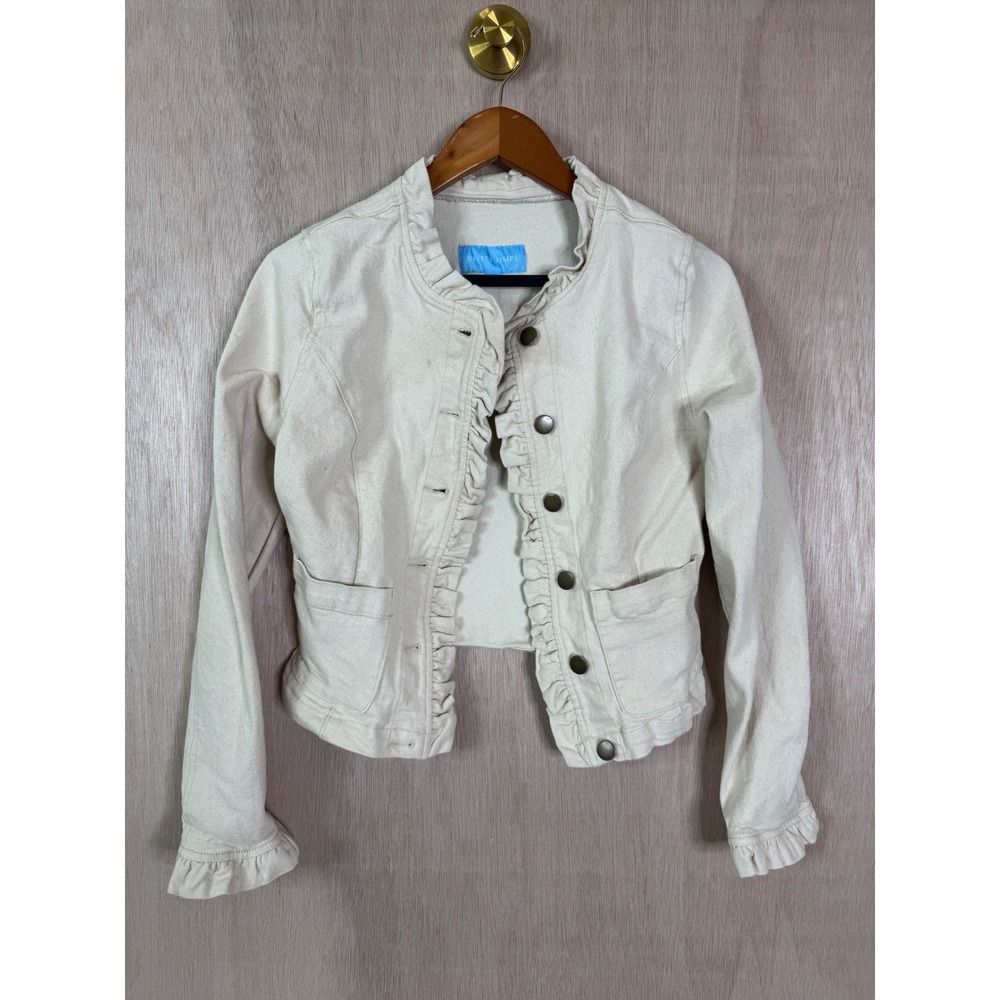 Draper James Cream Ruffle Trim Denim Jean Jacket Off White Cropped Womens Small